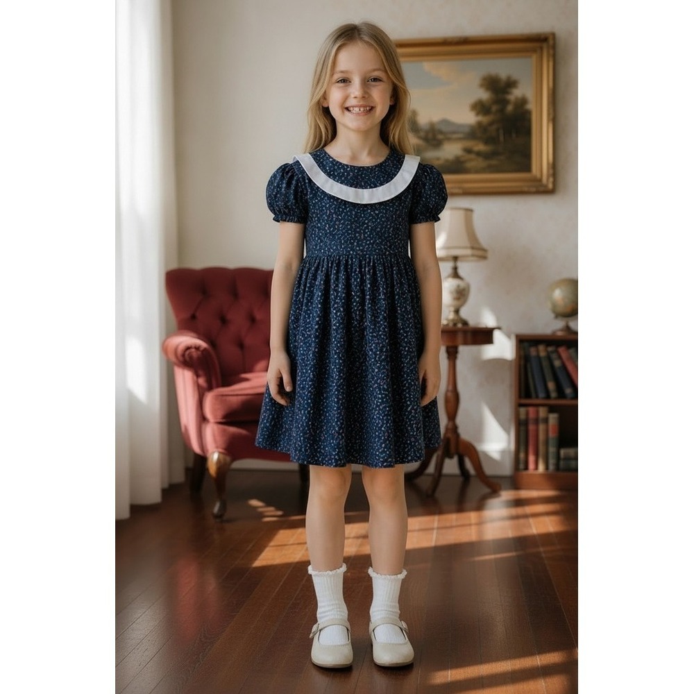 Girls Floral Dress Navy Blue Pink Teal Print Peter Pan Collar Puff Sleeve